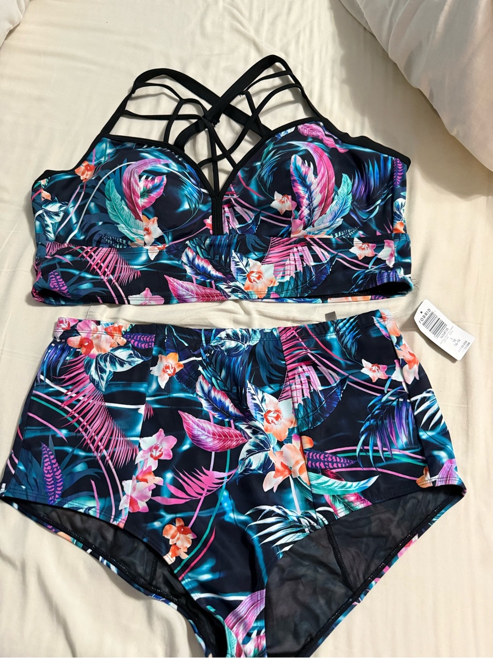 Torrid Strappy High-Waist Bikini Set - Black with Tropical Print 2 different sz